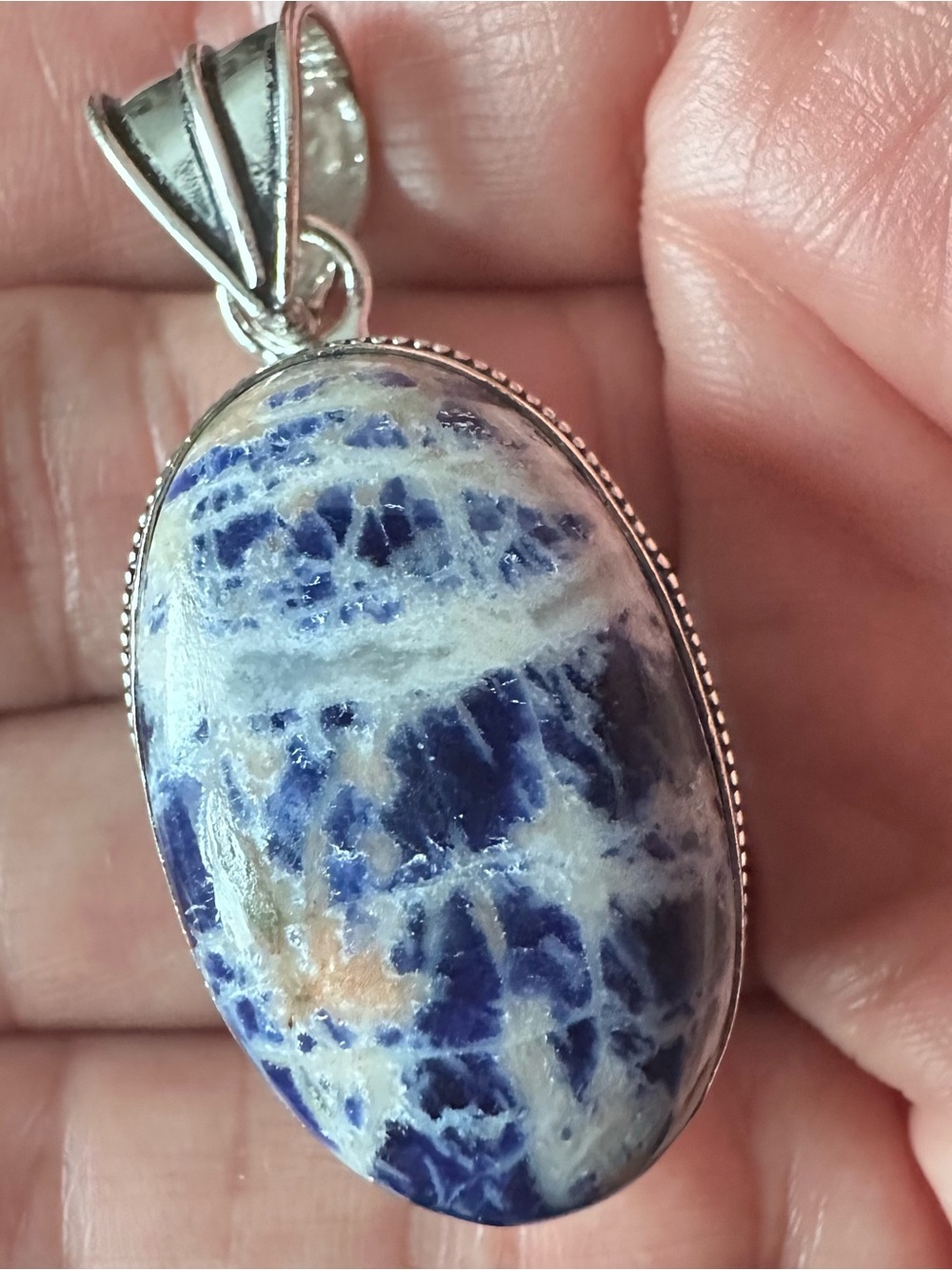 Artisan Blue and White Sodalite Oval Pendant Necklace